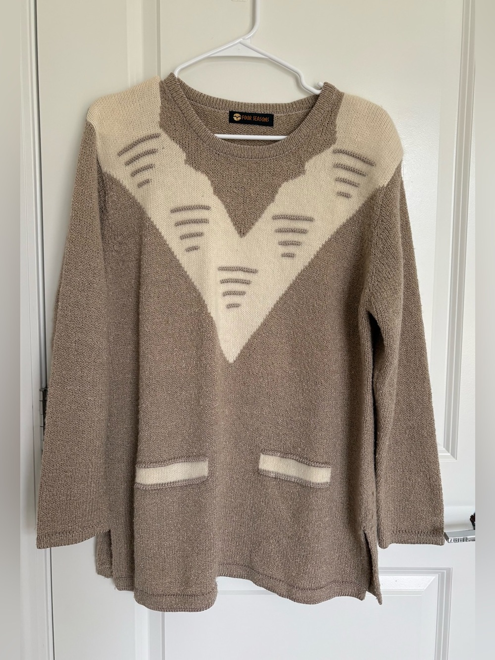 Four Season Taupe Crewneck Sweater with Cream V-Yoke. Size 2XL